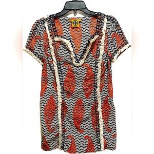 TORY BURCH orange paisley ikat fringe cotton tunic top 4